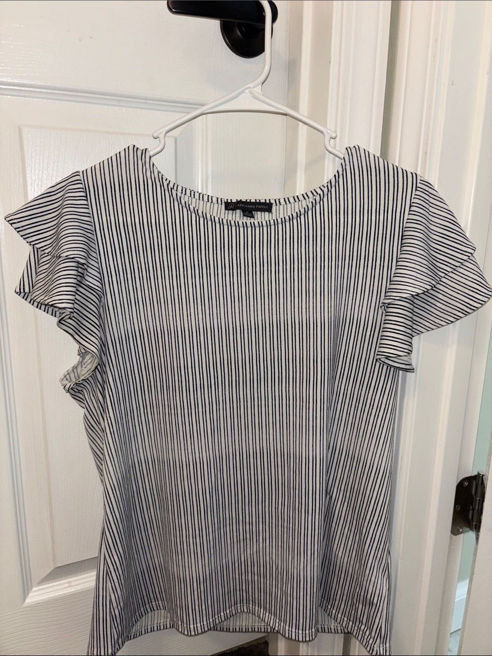 Adrianna Papell White Top with Navy Blue Pinstripes and Ruffle Sleeves
